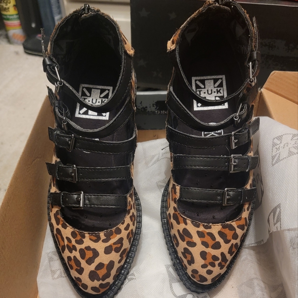 T.U.K Leopard Faux Suede Vegan Multi-Strap Pointed Mary Jane Creeper Shoes